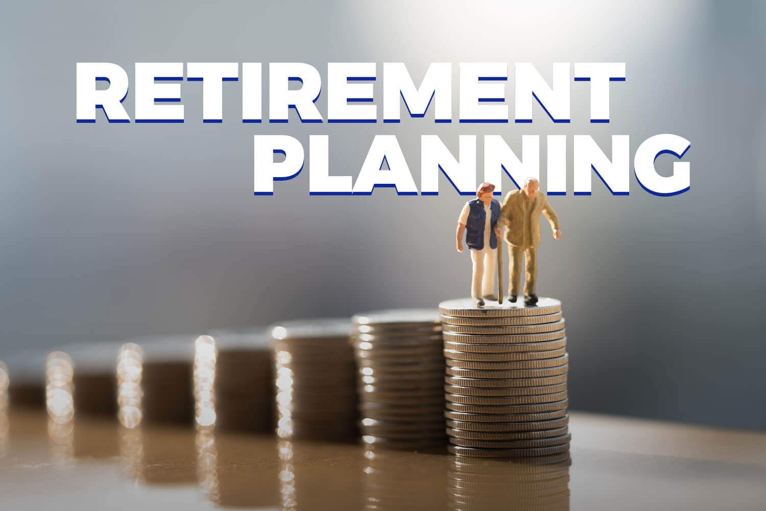 An older man and woman standing on coins from the article on retirement planning on 3elm Elgeib blog from Money Fellows.