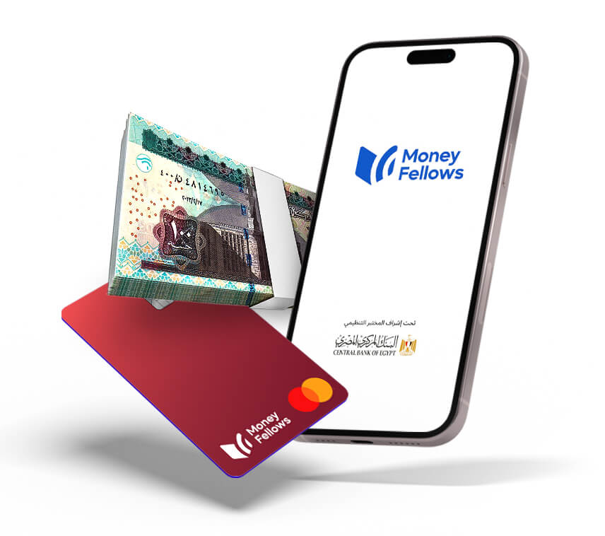 a mobile screen with Money Fellows logo and beside the mobile, Money Fellows prepaid card powered by Banque Misr and money