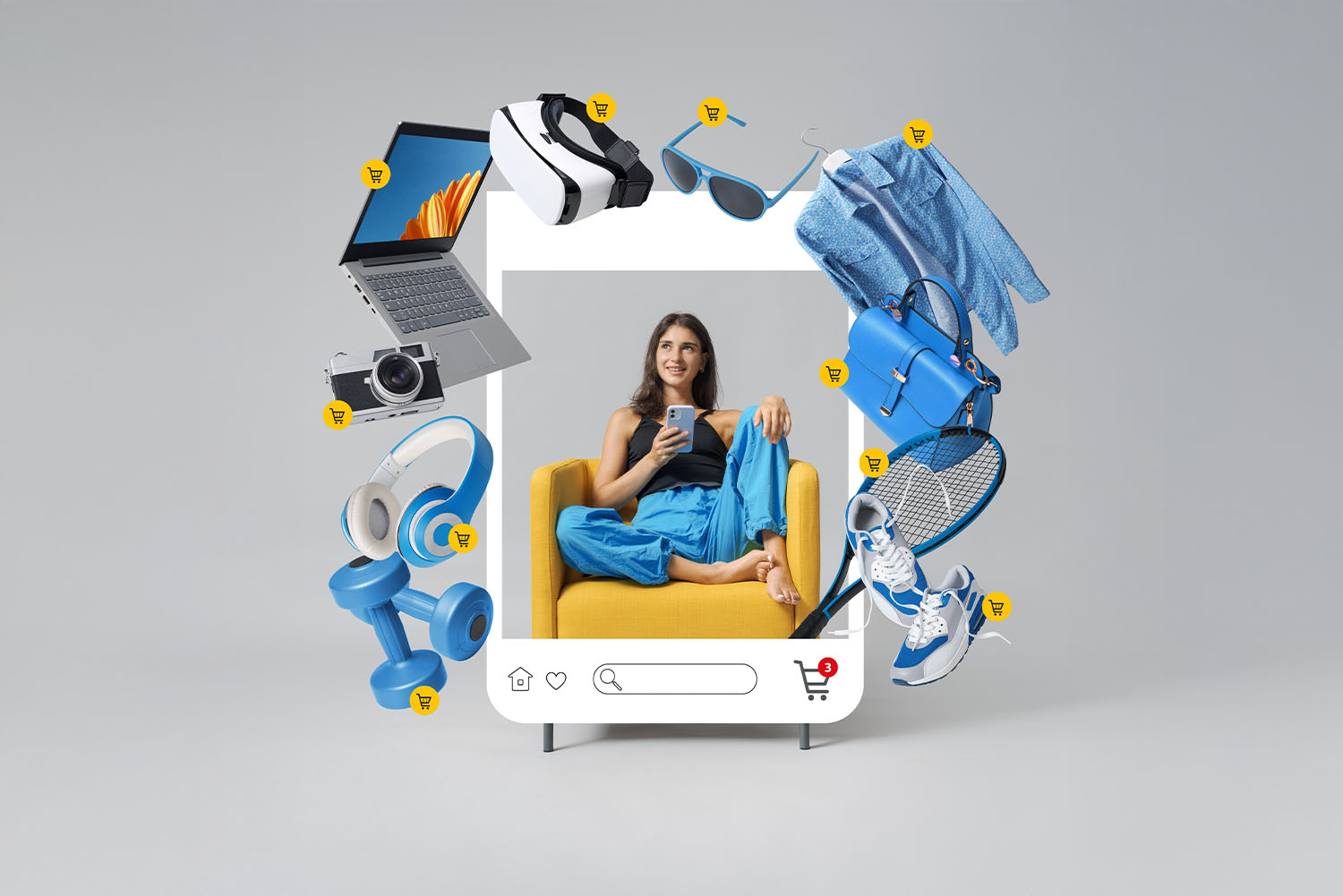 Woman sitting with phone surrounded by online shopping items like electronics and clothes from smart saving tips blog on 3elm El geib