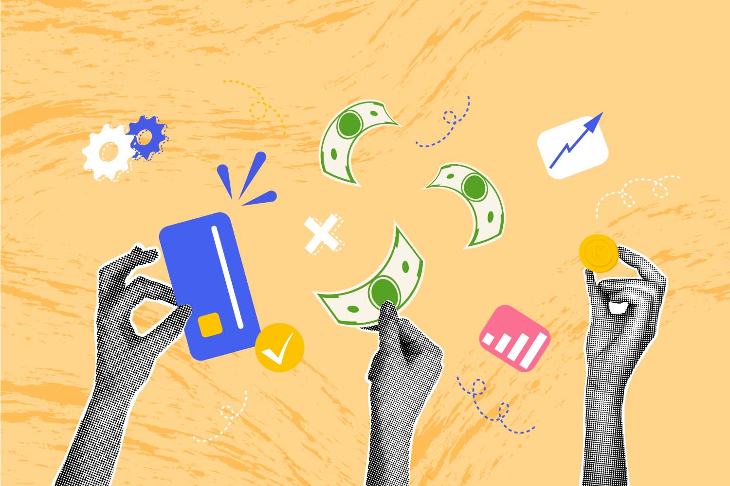 Hands holding card, money, & coin in Common Financial Mistakes to Avoid article