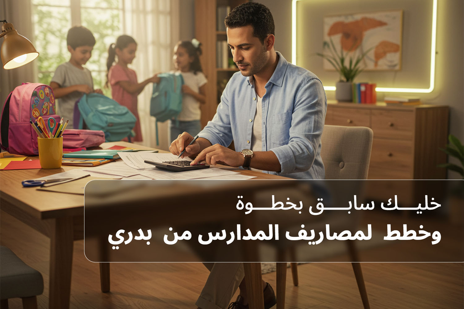 شخص قاعد على مكتب وقدامه ورق وآلة حاسبة ووراه أطفال وشنط مدرسة من مقال مصاريف المدرسة على مدونة علم الجيب