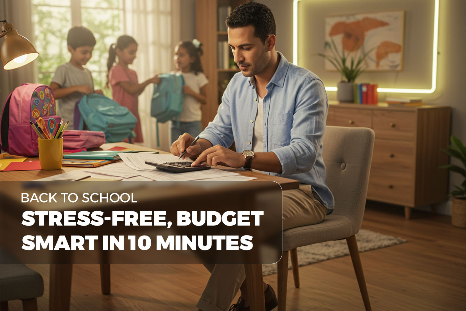 a guy setting on a desk and in front of him a calculator and papers, in the background children with school bags from back to school planning article