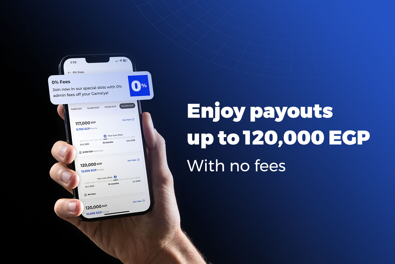 A hand holding a mobile phone open on the Money Fellows app, showing a notification to join Zero-Fee Money Circles.