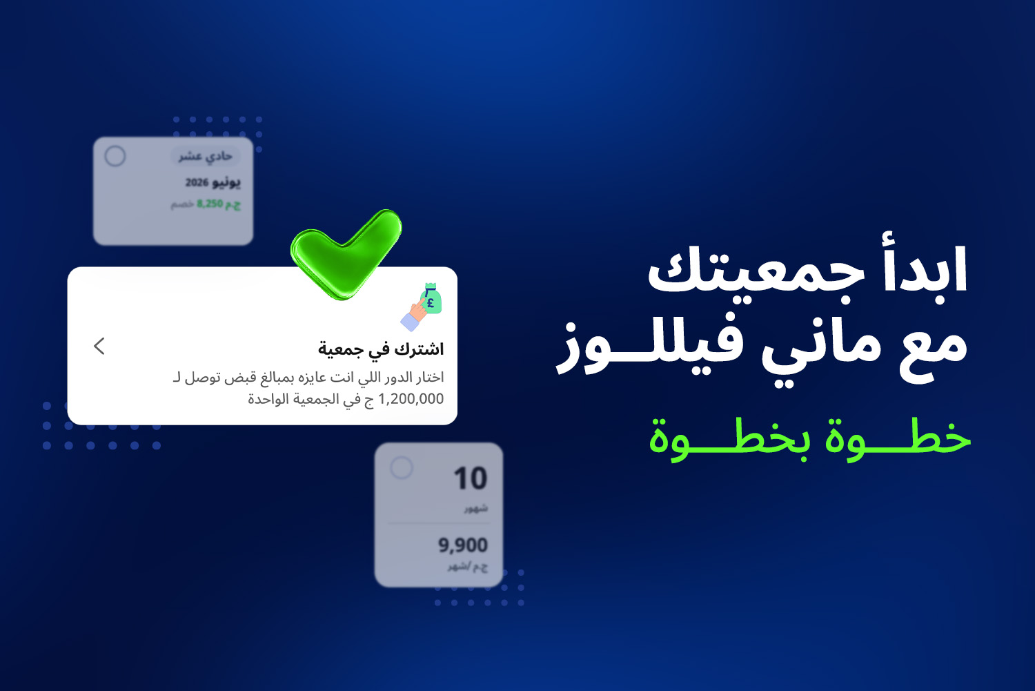 واجهة أبلكيشن ماني فيللوز بتوضح اختيار دور في الجمعيات بمبلغ يصل إلى 120,000 جنيه من مقال ابدأ جمعيتك مع ماني فيللوز خطوة بخطوة