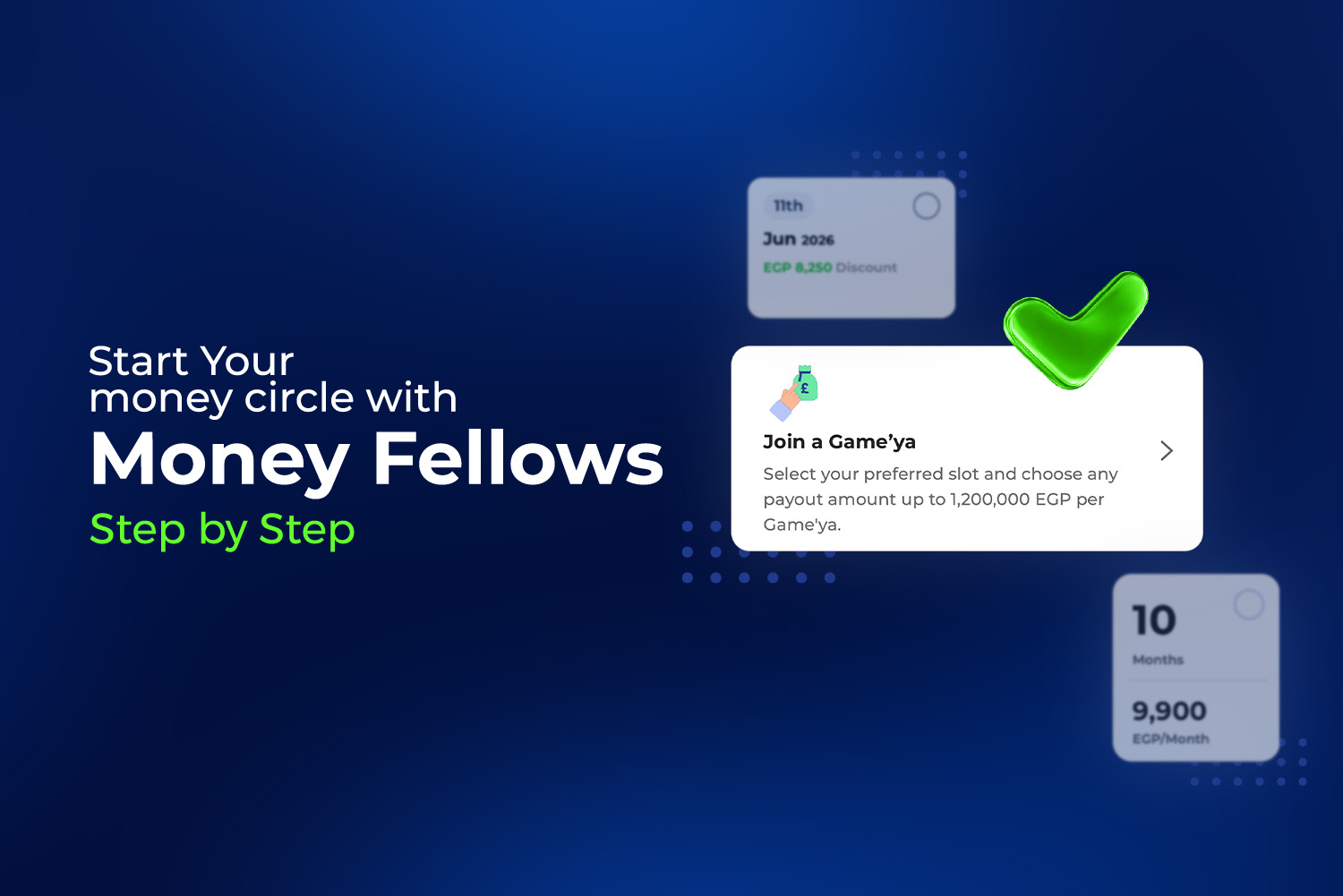 showing money fellows app interface for choosing a payout turn in a circle worth up to EGP 1,200,000.