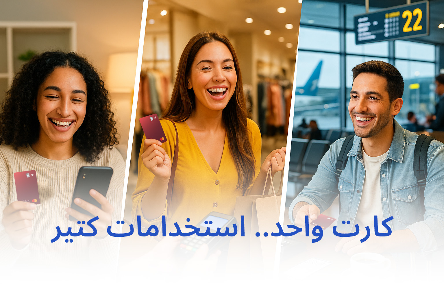 3 أشخاص: منهم اللي بتعمل شوبينج أونلاين واللي في المطار واللي بتقوم بالتسوّق بنفسها، كلهم بيستخدموا كارت ماني فيللوز مسبق الدفع بكل سهولة