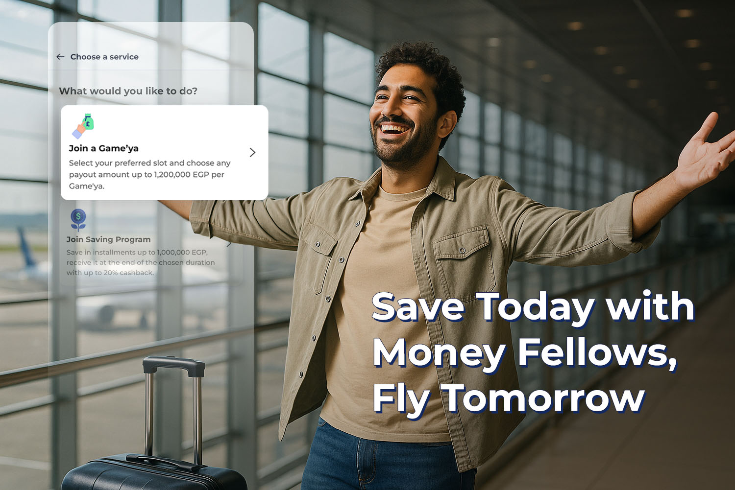 a man standing in an airport while smiling and there are a travel bag besides him and a screen from money fellows app to join a game'ya