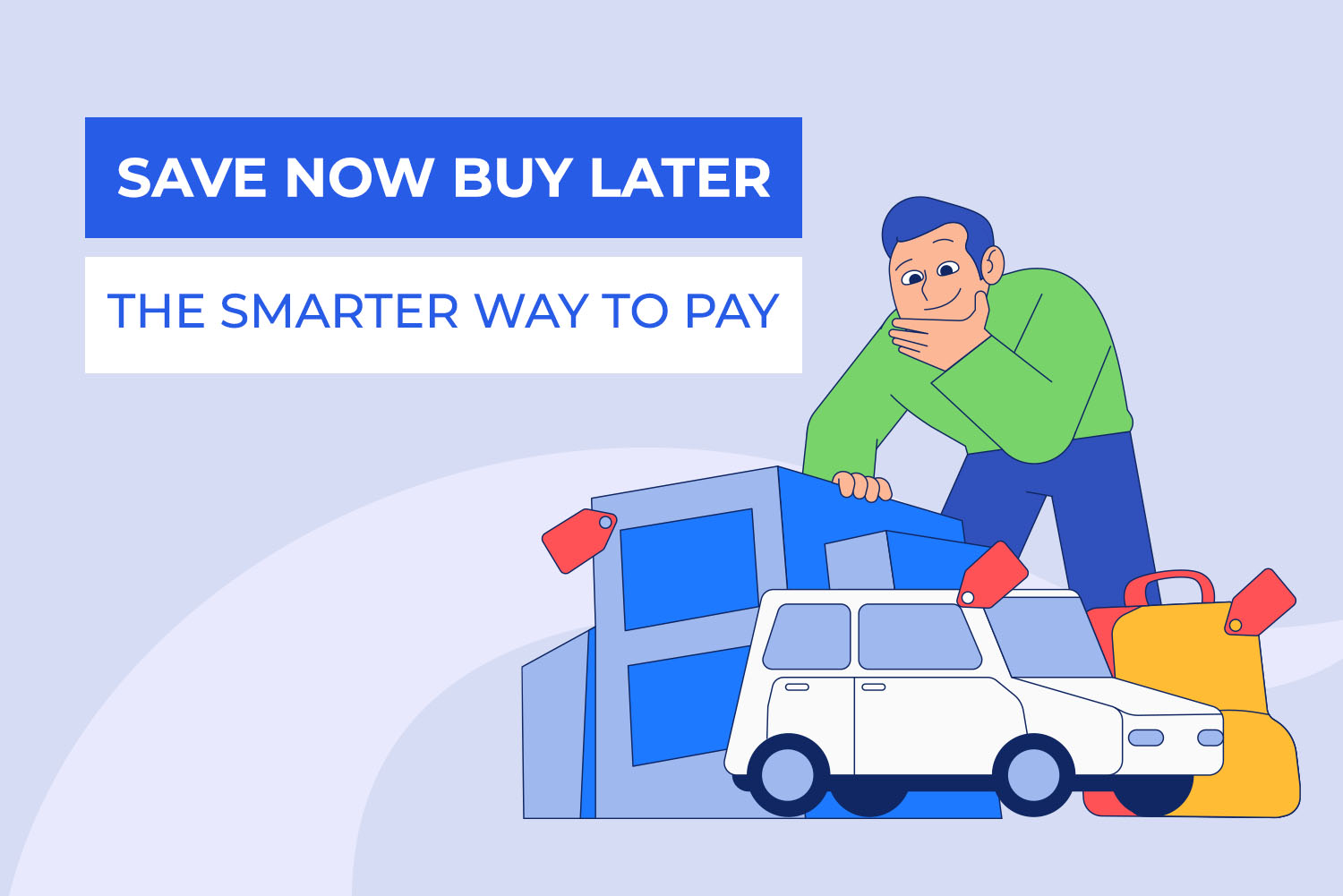 an illustration design for a man with a home, car, and bag in front of him from Save now buy later article on 3elm Elgeib blog