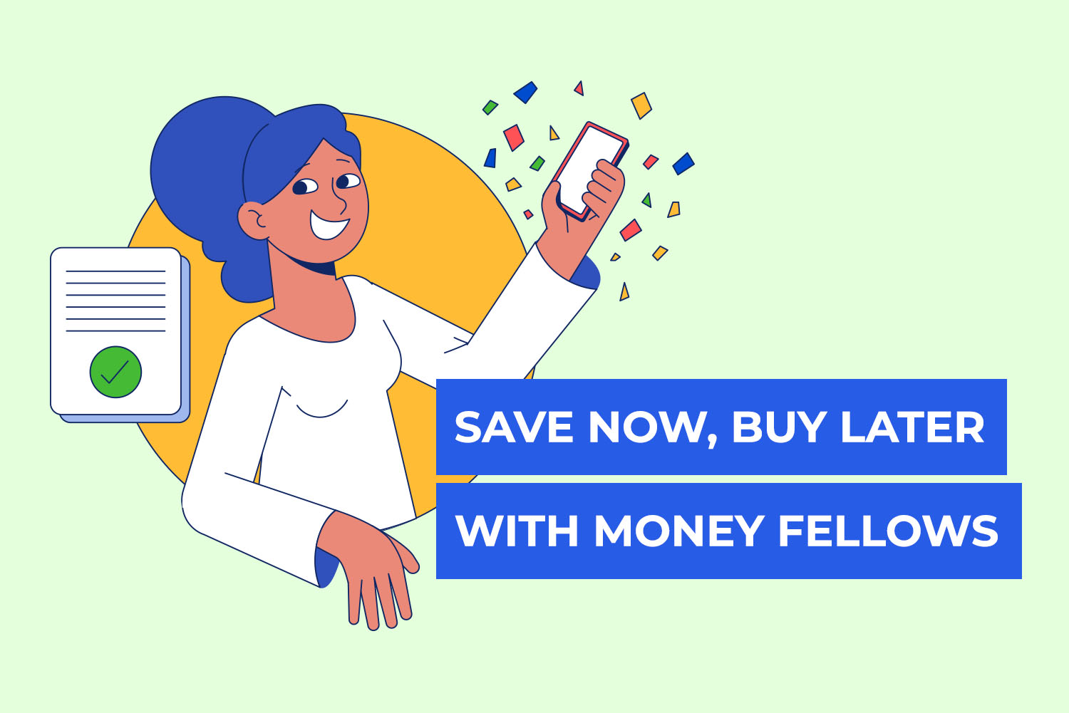 an illustrator woman holding a mobile in her hand while smiling from save now buy later article on 3elm Elgeib blog
