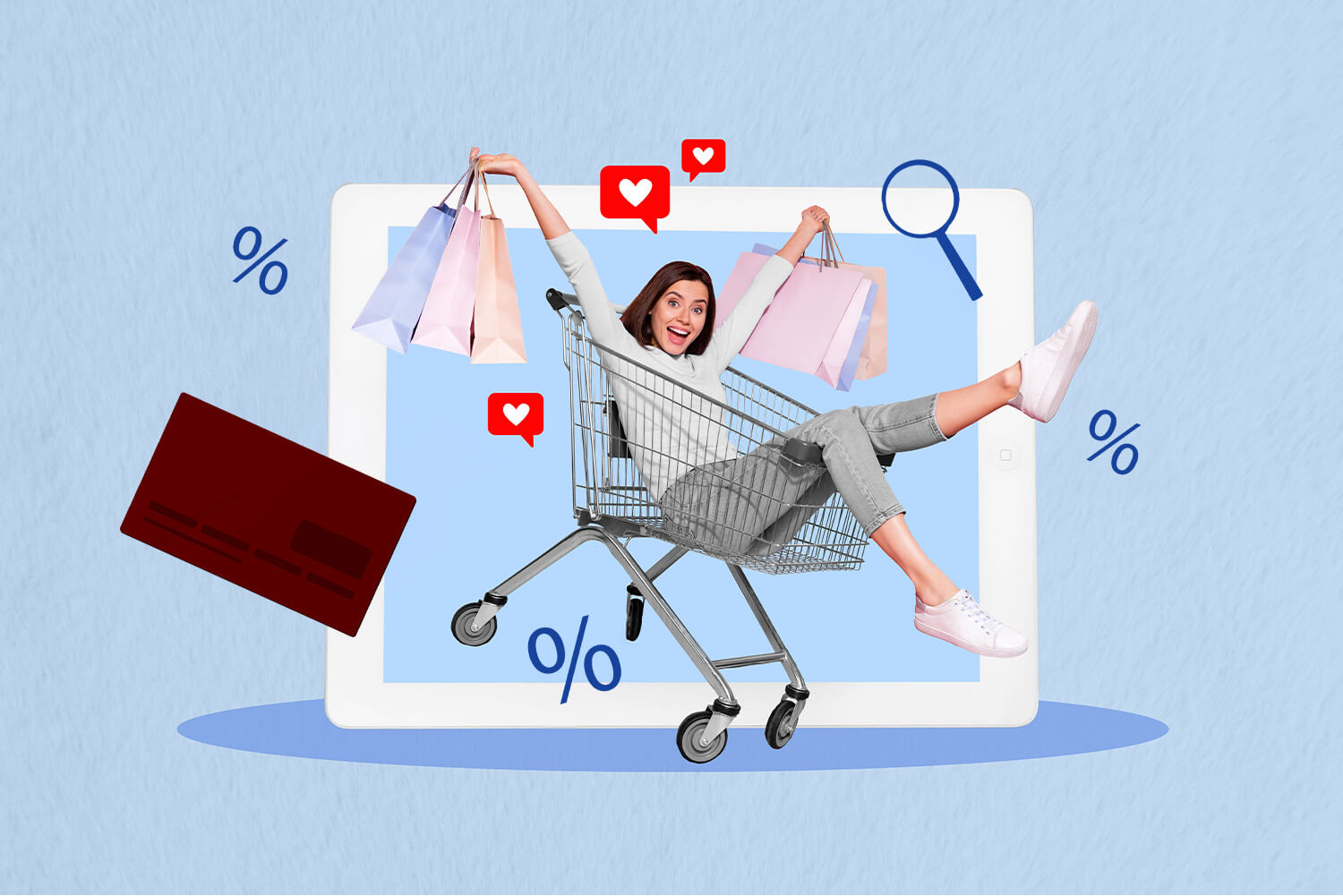 a girl holding many bags in her hands and setting on a shopping car from smart shopping tips article on 3elm El geib blog