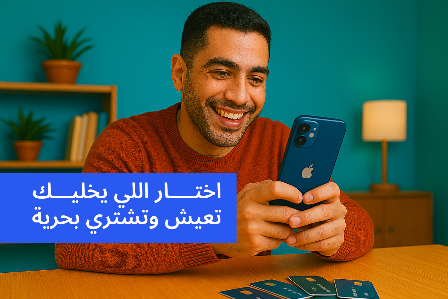 شخص مبتسم قاعد على ترابيزة وماسك موبايل في إيده وقدامه على الترابيزة أكتر من بطاقة ائتمان Credit Cards على مدونة علم الجيب من ماني فيللوز