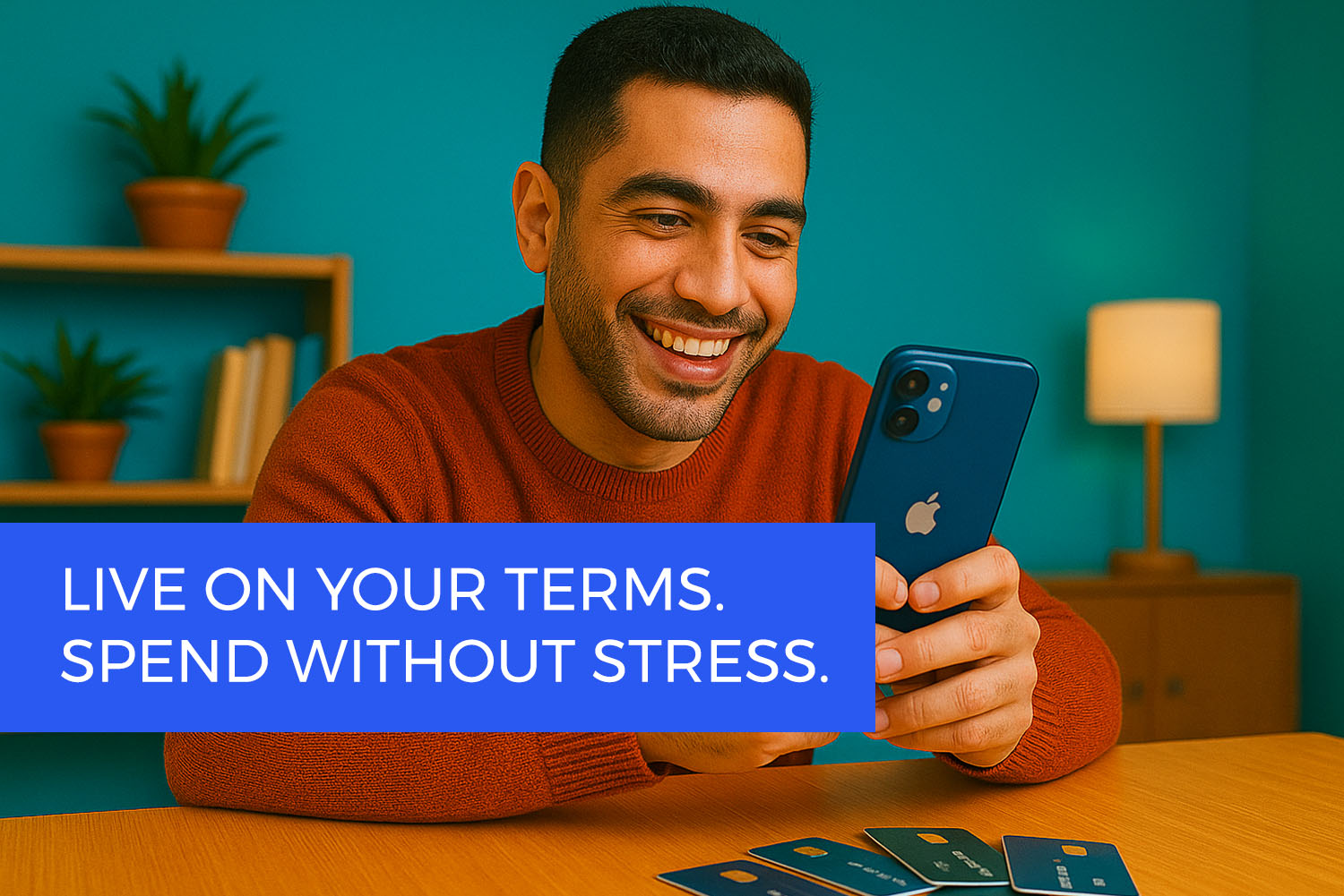 a man sitting on a table and there are many credit cards in front of him while smiling and holding a mobile in his hands on 3elm Elgeib blog