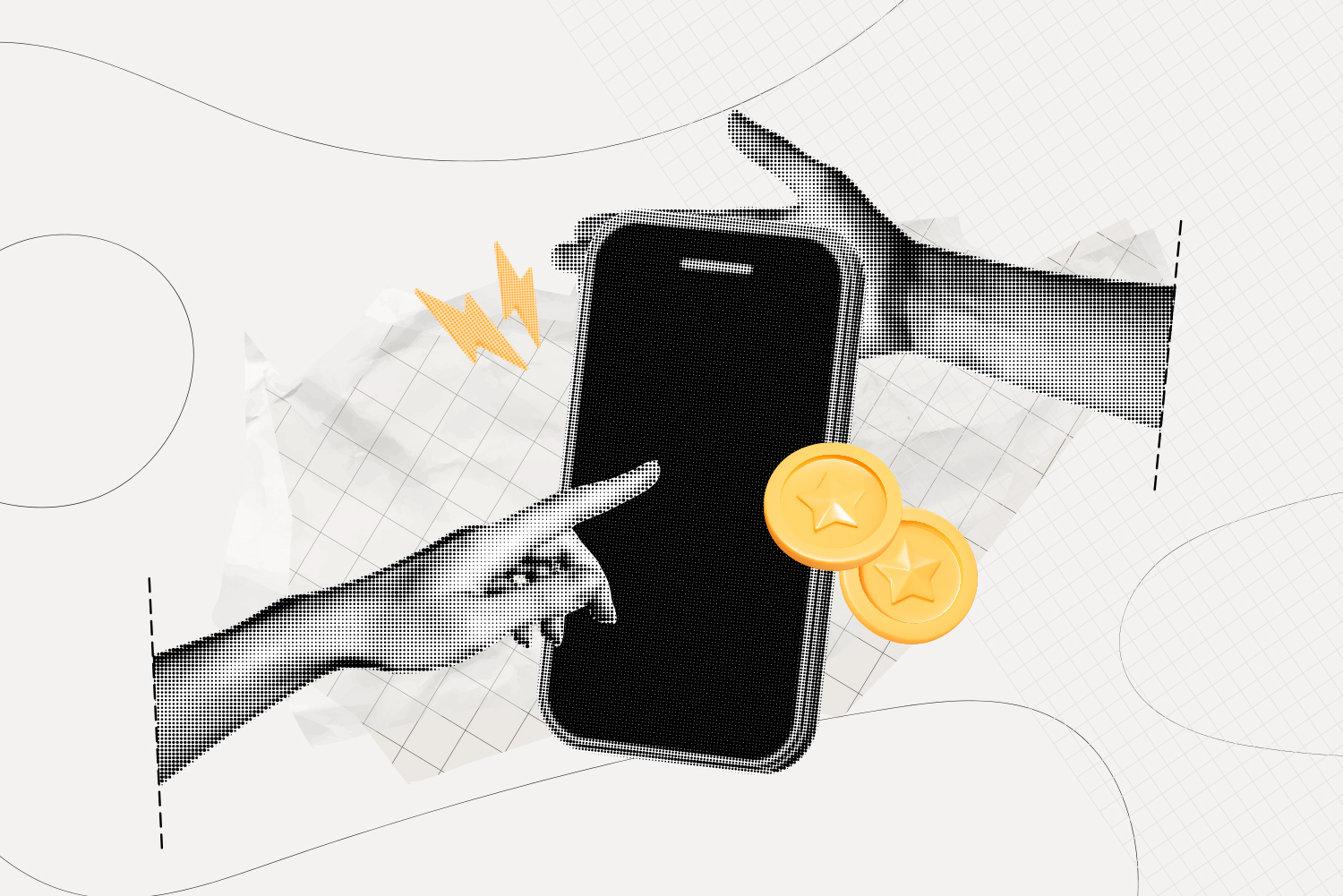 a hand holding a mobile while another hand clicking on its screen with gold coins in the corner from the role of technology and financial services article