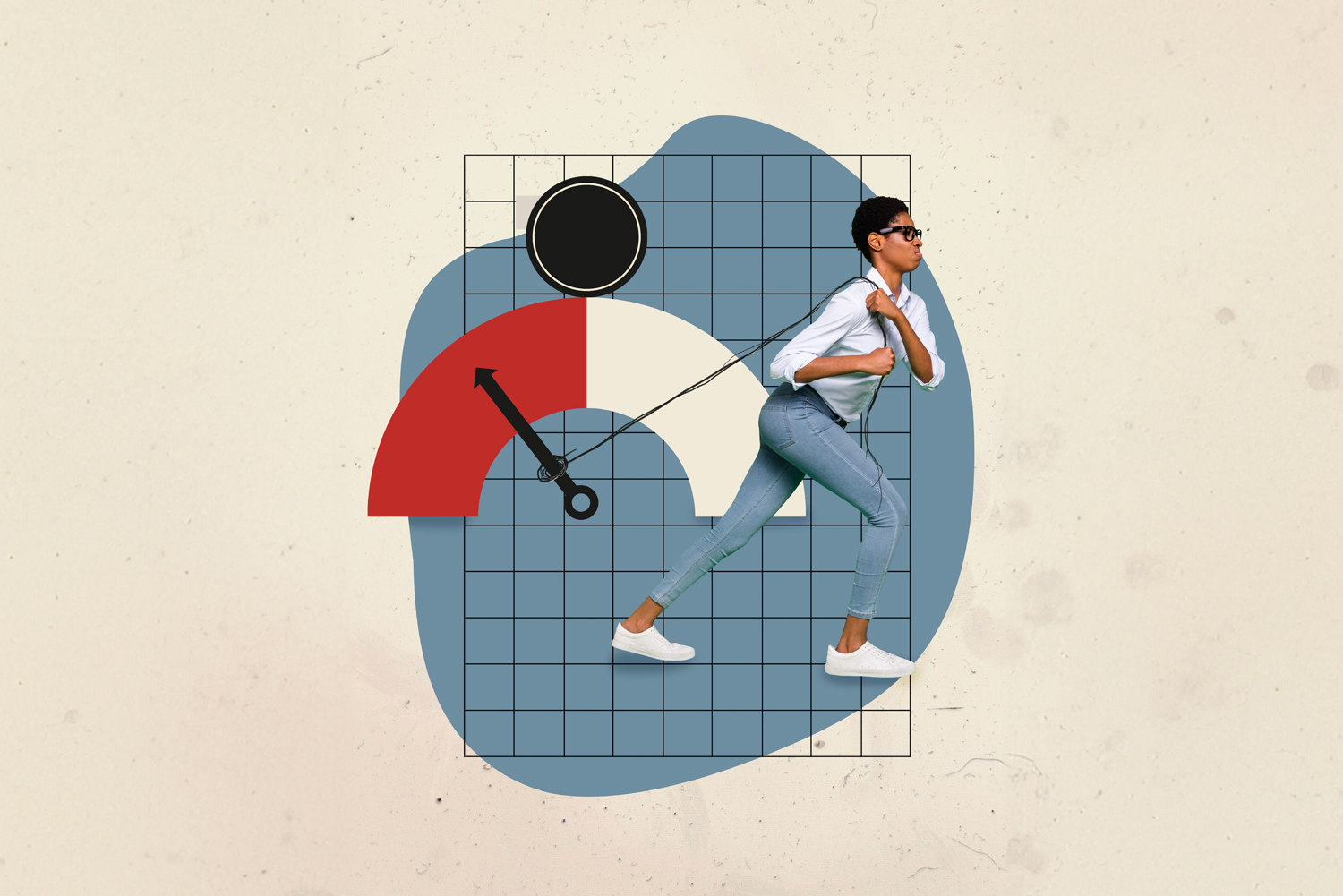Illustration of a person pulling up a credit score gauge, symbolizing effort to improve i-Score in Egypt