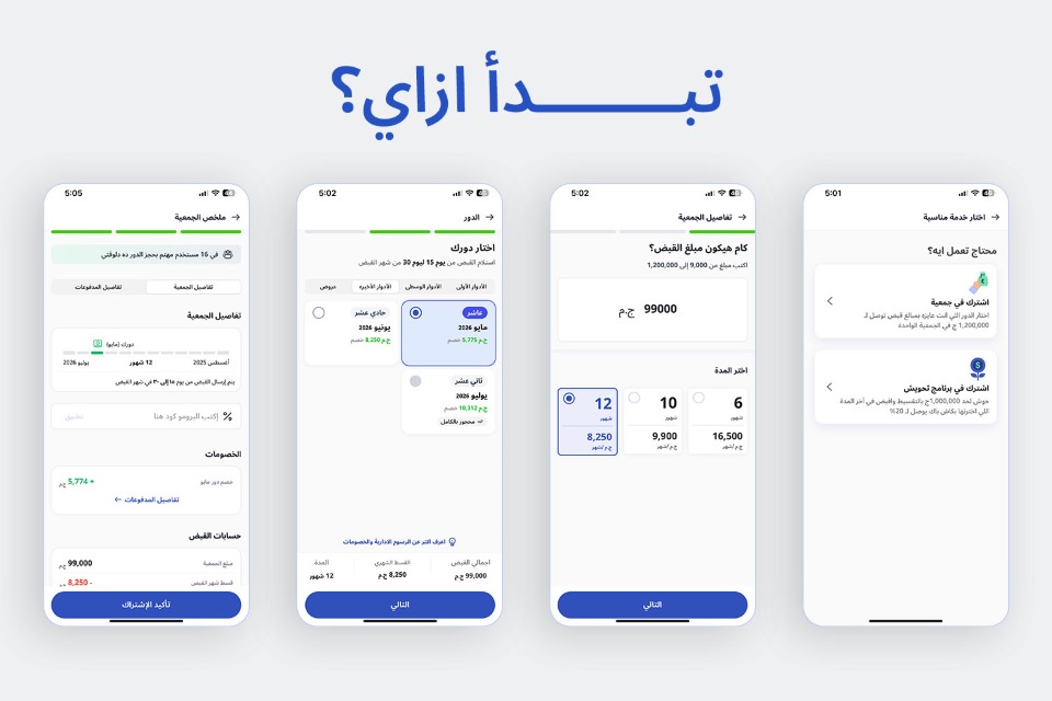 4 شاشات من أبلكيشن ماني فيللوز لتوضيح خطوات دخول جمعية على الأبلكيشن