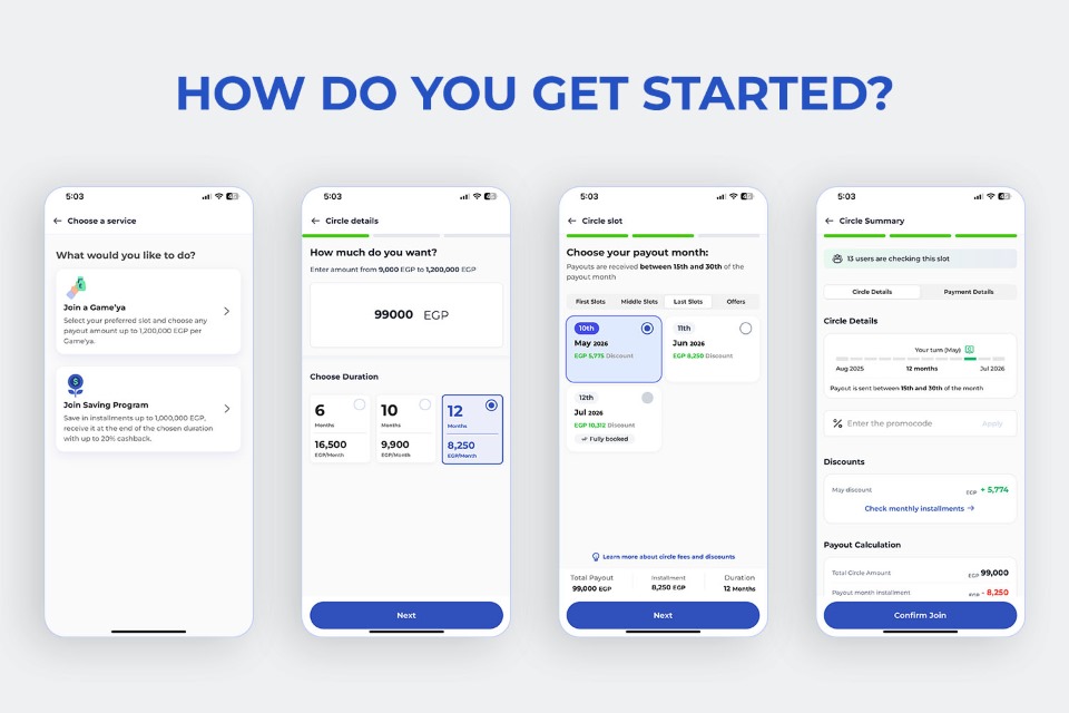 4 screens from Money Fellows App showing the steps of joining a money circle on the app
