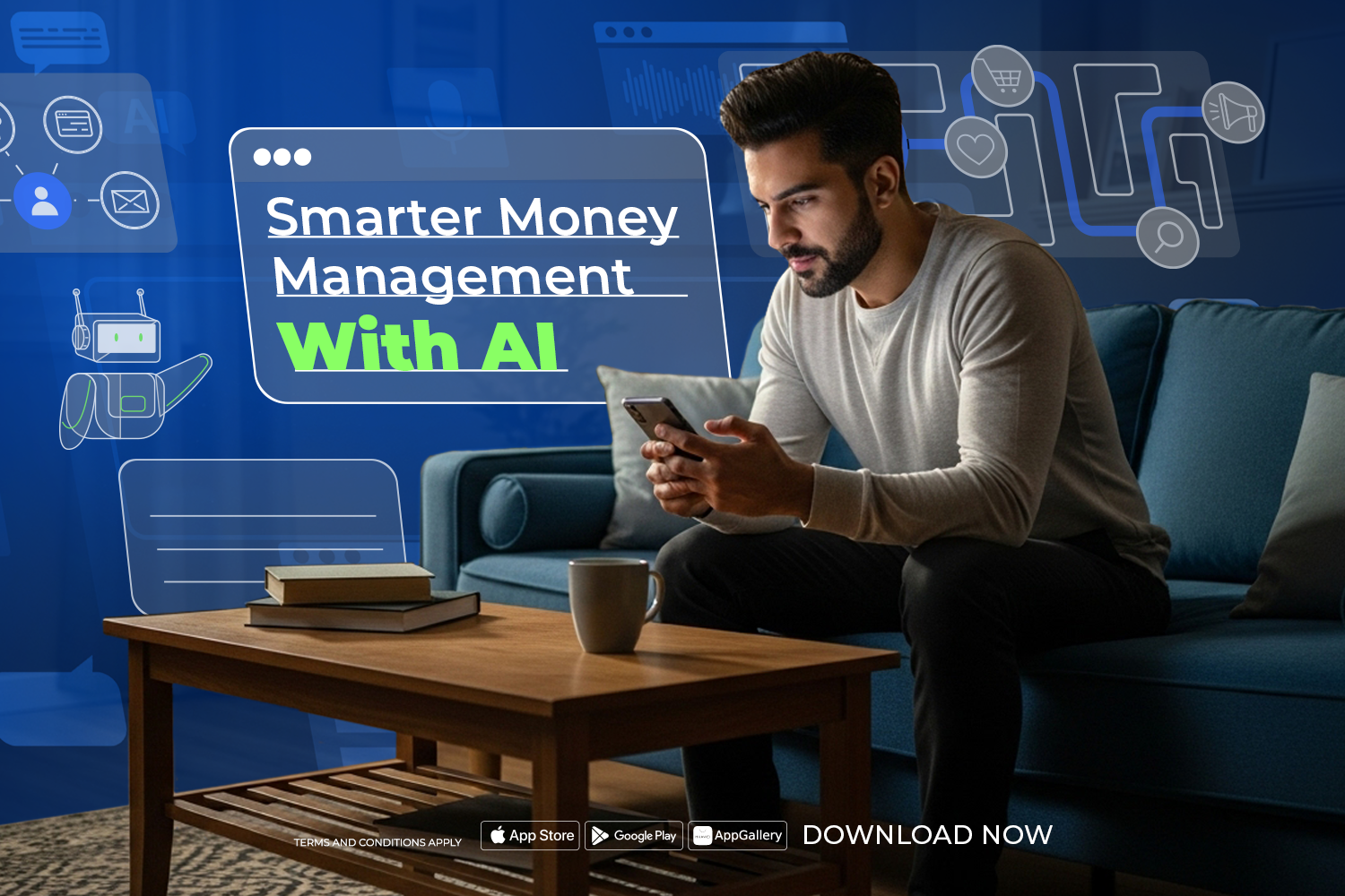 a man holding a mobile with money fellows app, and surrounding with AI icons with a table in front of him and a cup and books on it