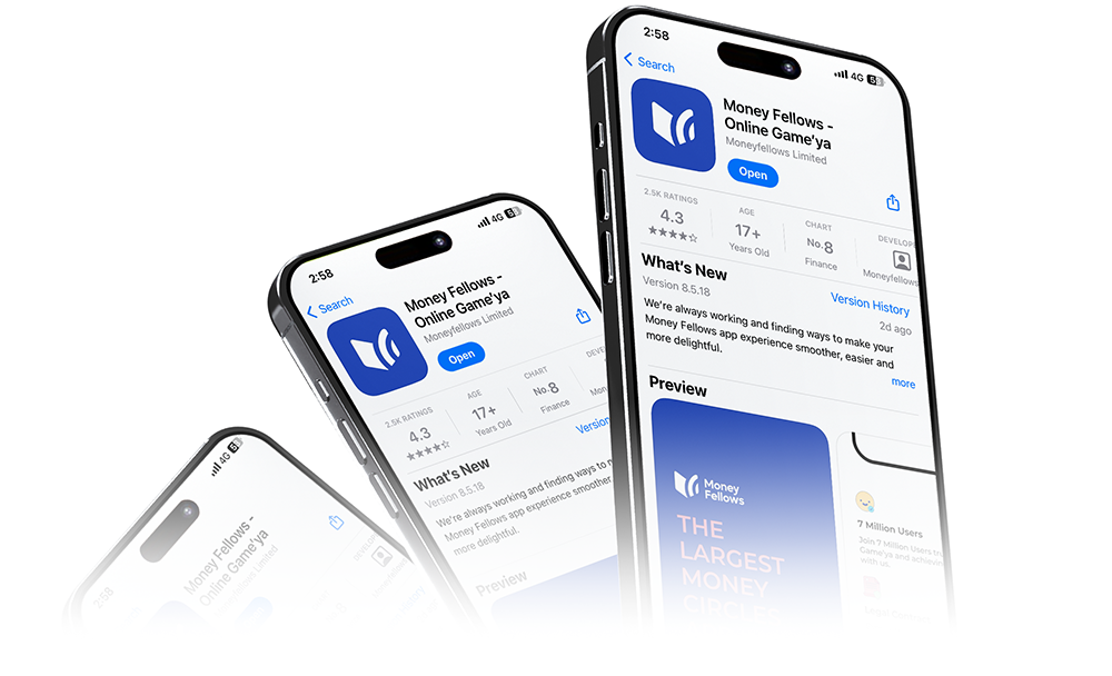 شاشات موبايلات بتوضح ازاي تنزّل أبلكيشن ماني فيللوز من الـ App Store أو الـ Play Store
